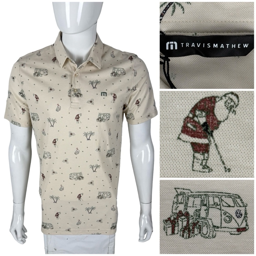 Travis Mathew Cookie Swap Santa Polo Shirt Mens Medium Beige Golf Cotton NWT